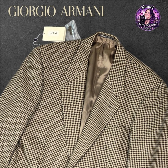 Mani Giorgio Armani Blazer Mens 41L Tan Black Houndstooth Wool Italy Sport Coat